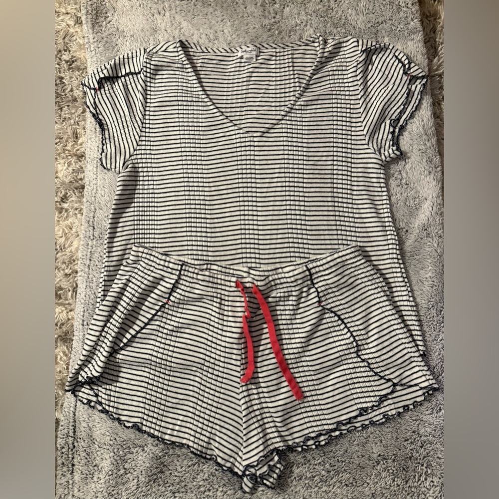Splendid Black and White Striped Pajama Set with Red Accent